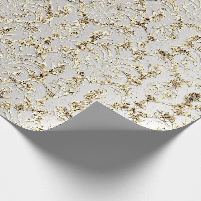 Damask Glitter Faux Gold Grey Silver Royal Wrapping Paper (Corner)