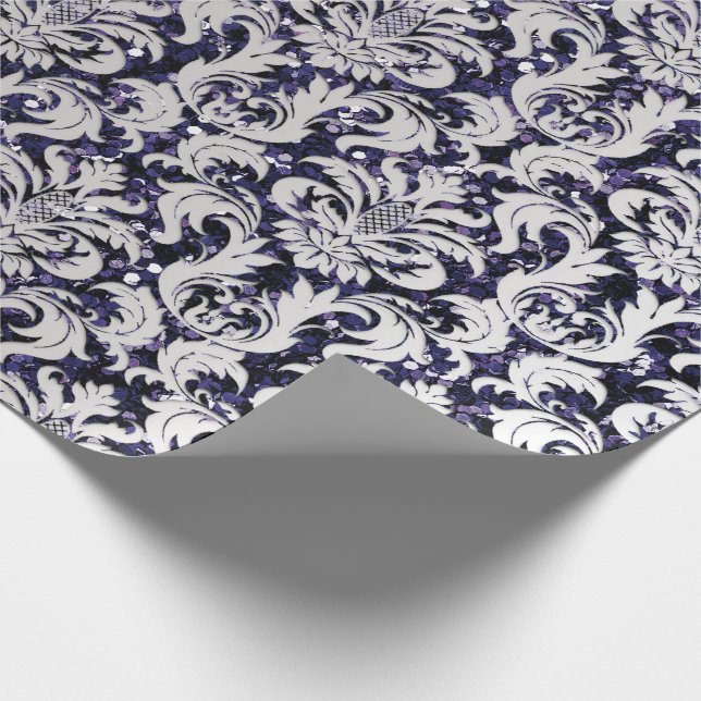 Damask Glitter  Silver Grey Royal  Blue Navy Wrapping Paper (Corner)