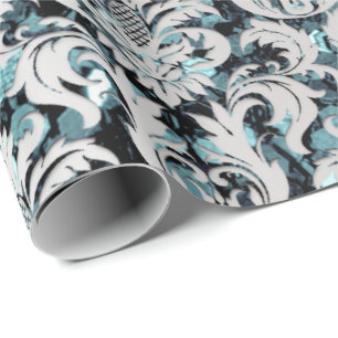 Damask Glitter Teal Silver Grey Royal Sequin Wrapping Paper
