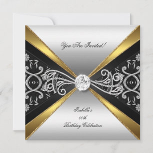 Damask Gold Black Silver Diamond Birthday Party 2 Invitation