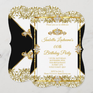 Damask Gold Black White Diamond Birthday Party Invitation