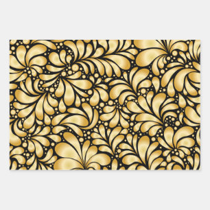 Damask Gold & Black Wrapping paper 3 sheets set