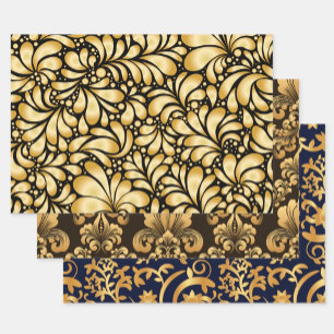 Damask Gold & Black Wrapping paper 3 sheets set