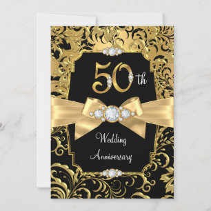 Damask Gold Bow black Diamond 50th Anniversary Invitation