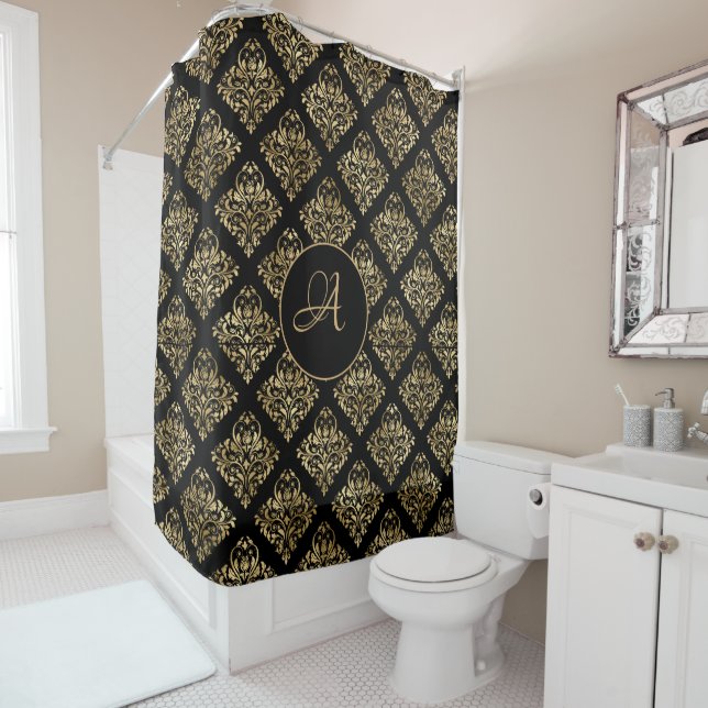 Damask Gold Monogram On Black Shower Curtain (In Situ)