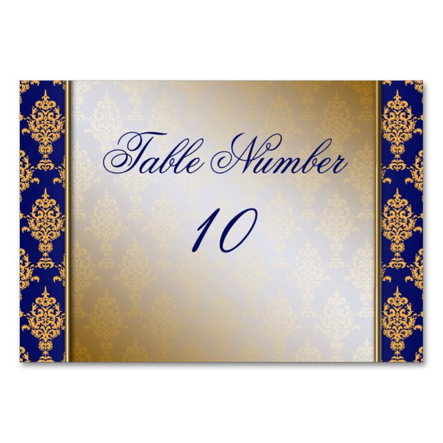 Damask Gold on Royal Blue Borders Table Number (Front)