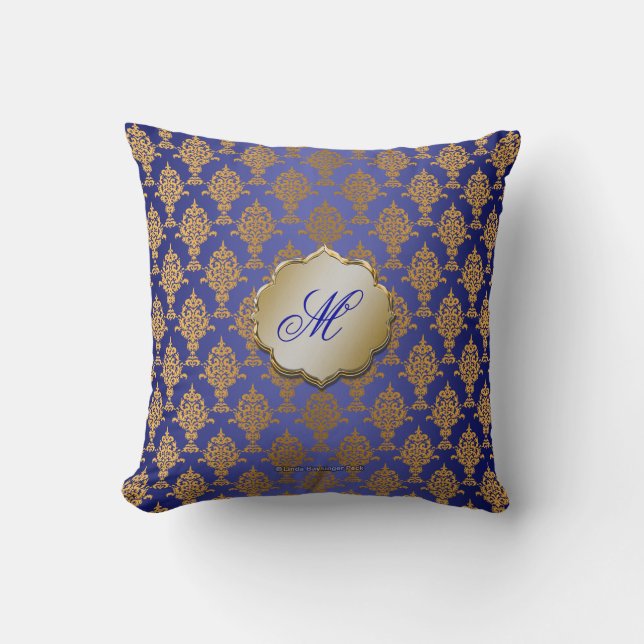 Damask Gold on Royal Blue Cushion (Front)