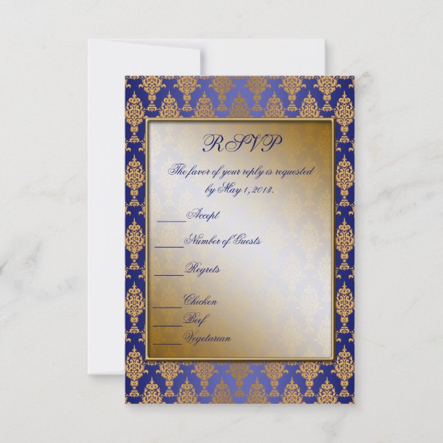 Damask Gold on Royal Blue Shine RSVP Card (Front)