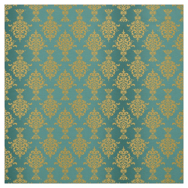 Damask Gold on Teal Green Fabric (Swatch)