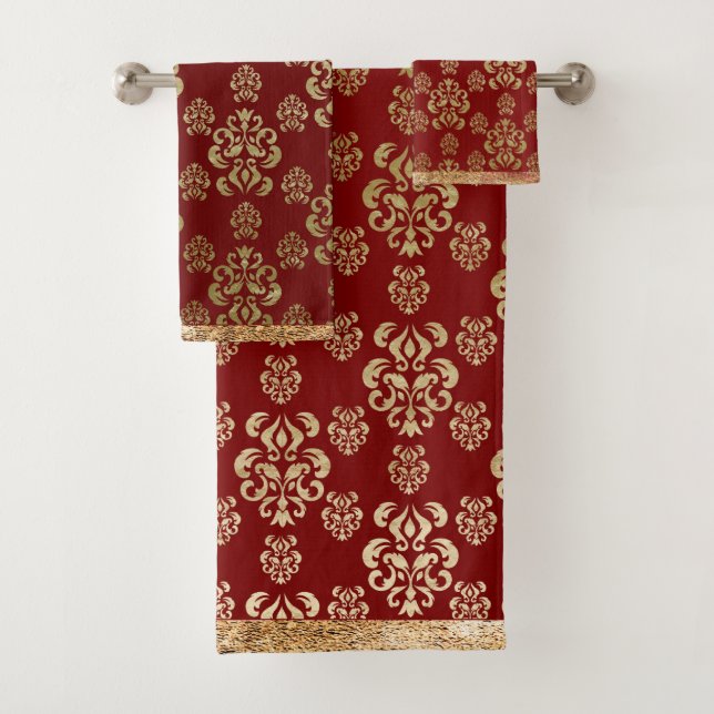 Damask Gold Red Elegant Modern  Bath Towel Set (Insitu)