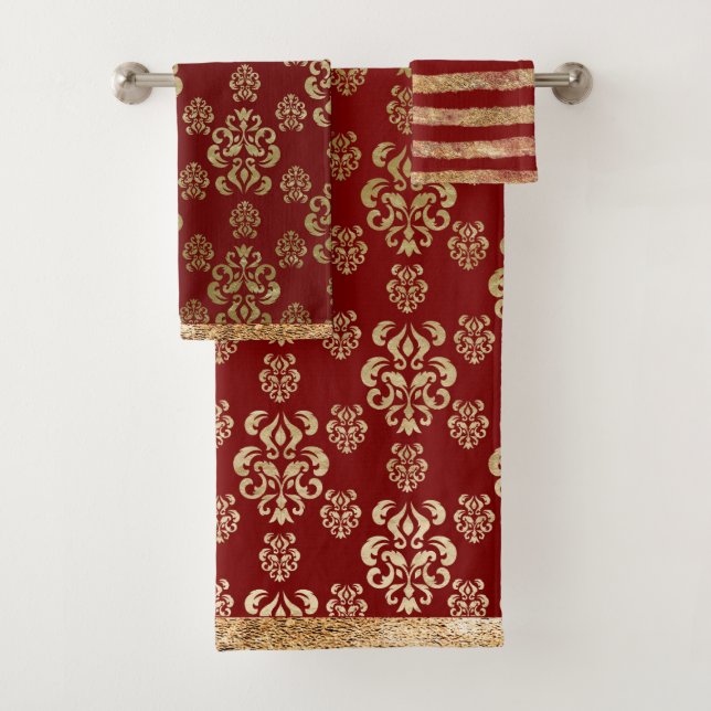 Damask Gold Red Elegant Modern Pretty  Bath Towel Set (Insitu)