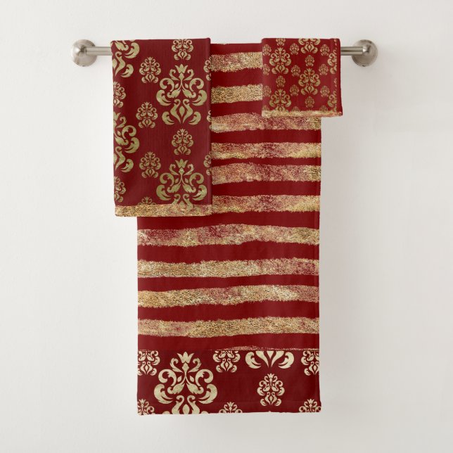 Damask Gold Red Elegant Modern Pretty Stripe Bath Towel Set (Insitu)