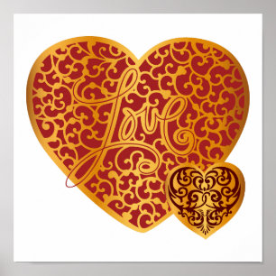 Damask Golden Love Red Heart  Poster