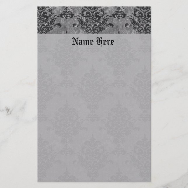 Damask Gothic Black on Grey Stationery (Front)