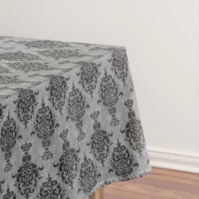 Damask Gothic Black on Grey Tablecloth (In Situ)
