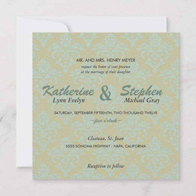 Damask -green and teal wedding invitation (Front)