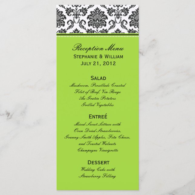 Damask Green Wedding Menu Rack Card (Front)