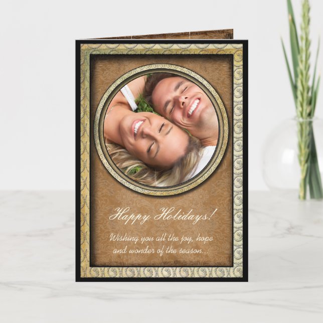 Damask Happy Holidays Gold Frame Your Photo Card (Front)
