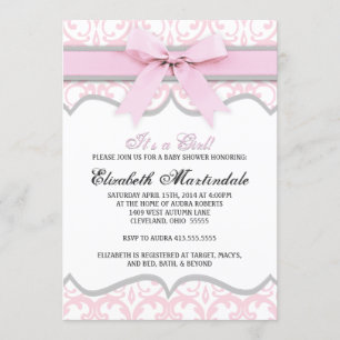 Damask Heart Pink Ribbon Baby Shower Invitation