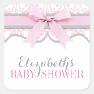 Damask Heart Pink Ribbon Baby Shower Sticker