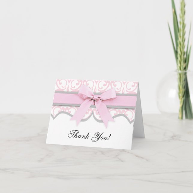 Damask Heart Pink Ribbon Baby Shower Thank You Card (Front)