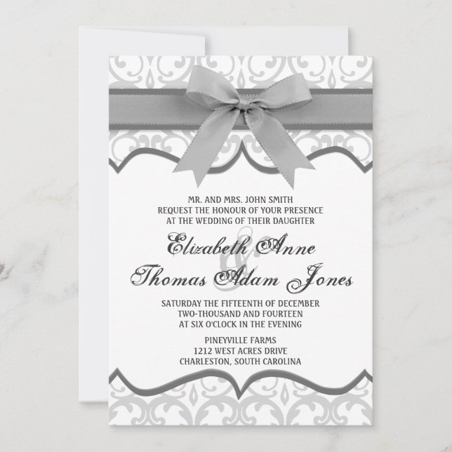 Damask Heart with Grey Ribbon Wedding Invitation (Front)