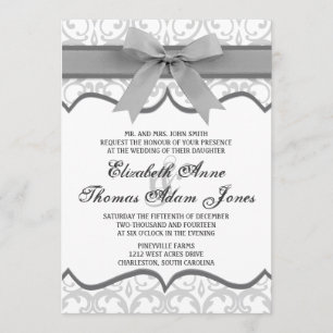 Damask Heart with Grey Ribbon Wedding Invitation