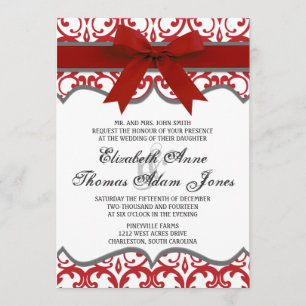 Damask Heart with Red Ribbon Wedding Invitation