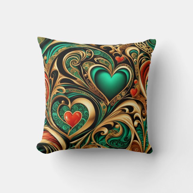 Damask Hearts Gold Teal Coral Repeat Pattern Cushion (Front)
