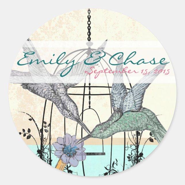Damask Hummingbird  Birdcage Wedding Postage Classic Round Sticker (Front)