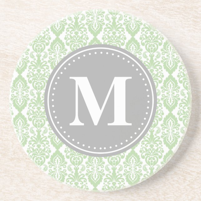 Damask in Mint Green Grey Monogram Coaster (Front)
