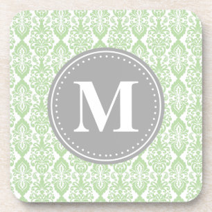 Damask in Mint Green Grey Monogram Coaster