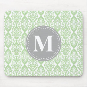 Damask in Mint Green Grey Monogram Mouse Pad