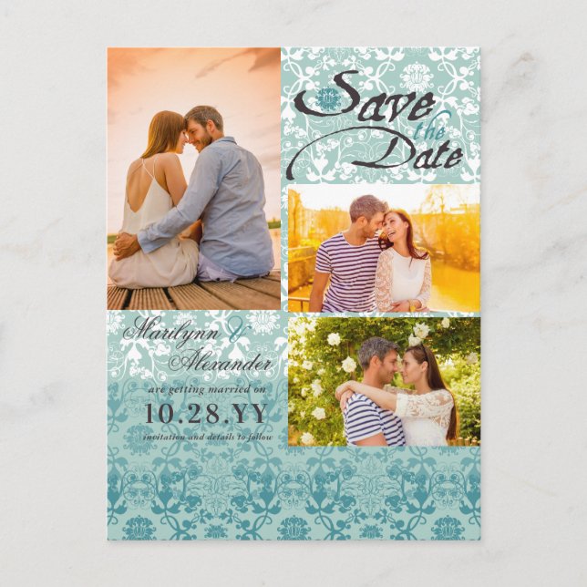 Damask Lace Turquoise Blue Photo Save The Date Announcement Postcard (Front)