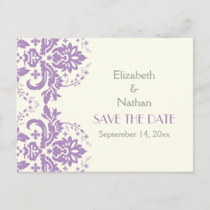 Damask lavender, grey, ivory wedding Save the Date Announcement Postcard