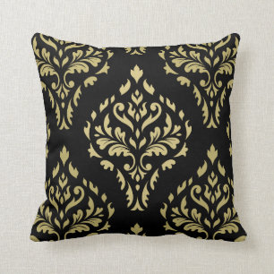 Damask Leafy Baroque Pattern Black & Golds Cushion