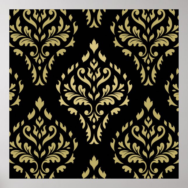 Damask Leafy Baroque Pattern Black & Golds Poster (Front)