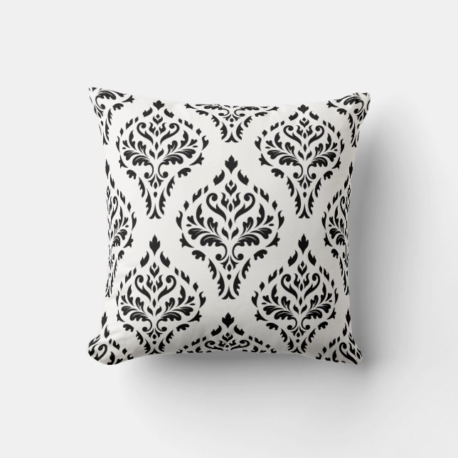 Damask Leafy Baroque Repeat Pattern B&W II Cushion (Front)