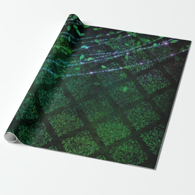 Damask, Leaves and Lights on Green Wrapping Paper (Unrolled)