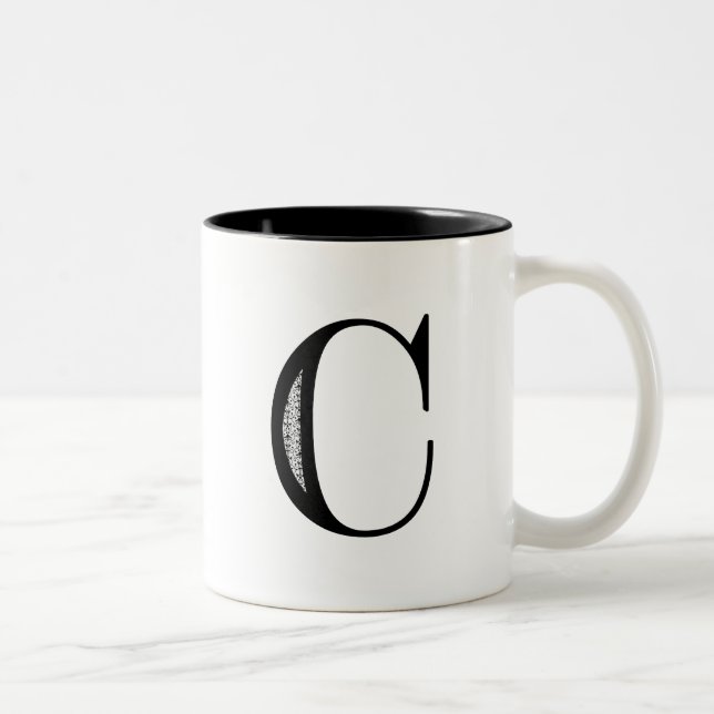 Damask Letter C - Black Two-Tone Coffee Mug (Right)
