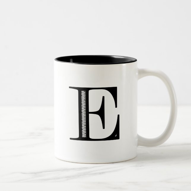 Damask Letter E - Black Two-Tone Coffee Mug (Right)