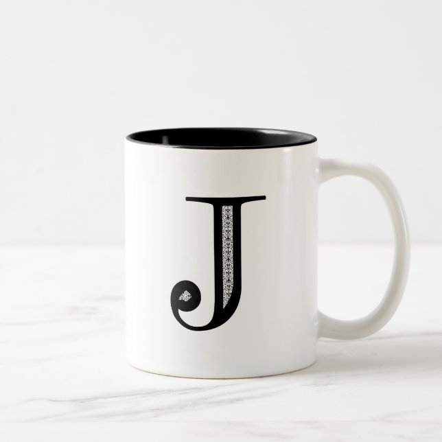 Damask Letter J - Black Two-Tone Coffee Mug (Right)
