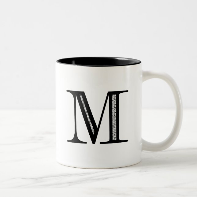 Damask Letter M - Black Two-Tone Coffee Mug (Right)