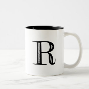 Damask Letter R - Black Two-Tone Coffee Mug