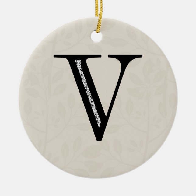 Damask Letter V - Black Ceramic Tree Decoration (Front)