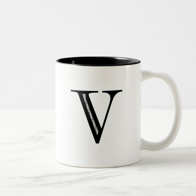 Damask Letter V - Black Two-Tone Coffee Mug (Right)