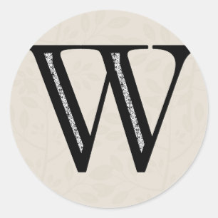 Damask Letter W - Black Classic Round Sticker
