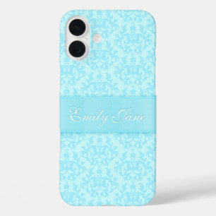 Damask light blue custom name iPhone 16 plus case