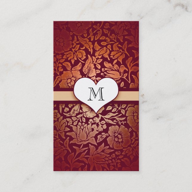 damask love heart monogram red business cards (Front)