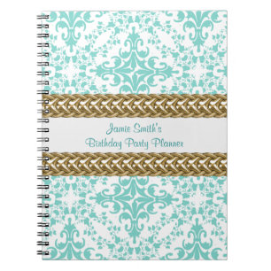 Damask Lt Blue White Gold Birthday Planner Notebook
